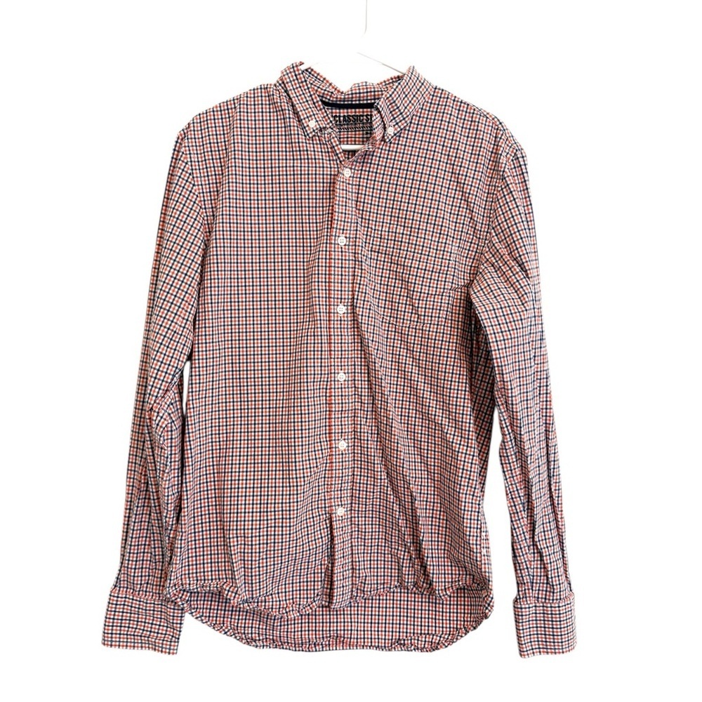 2/$15 Old Navy Men’s Orange Blue White Gingham Check Button Down Shirt M
